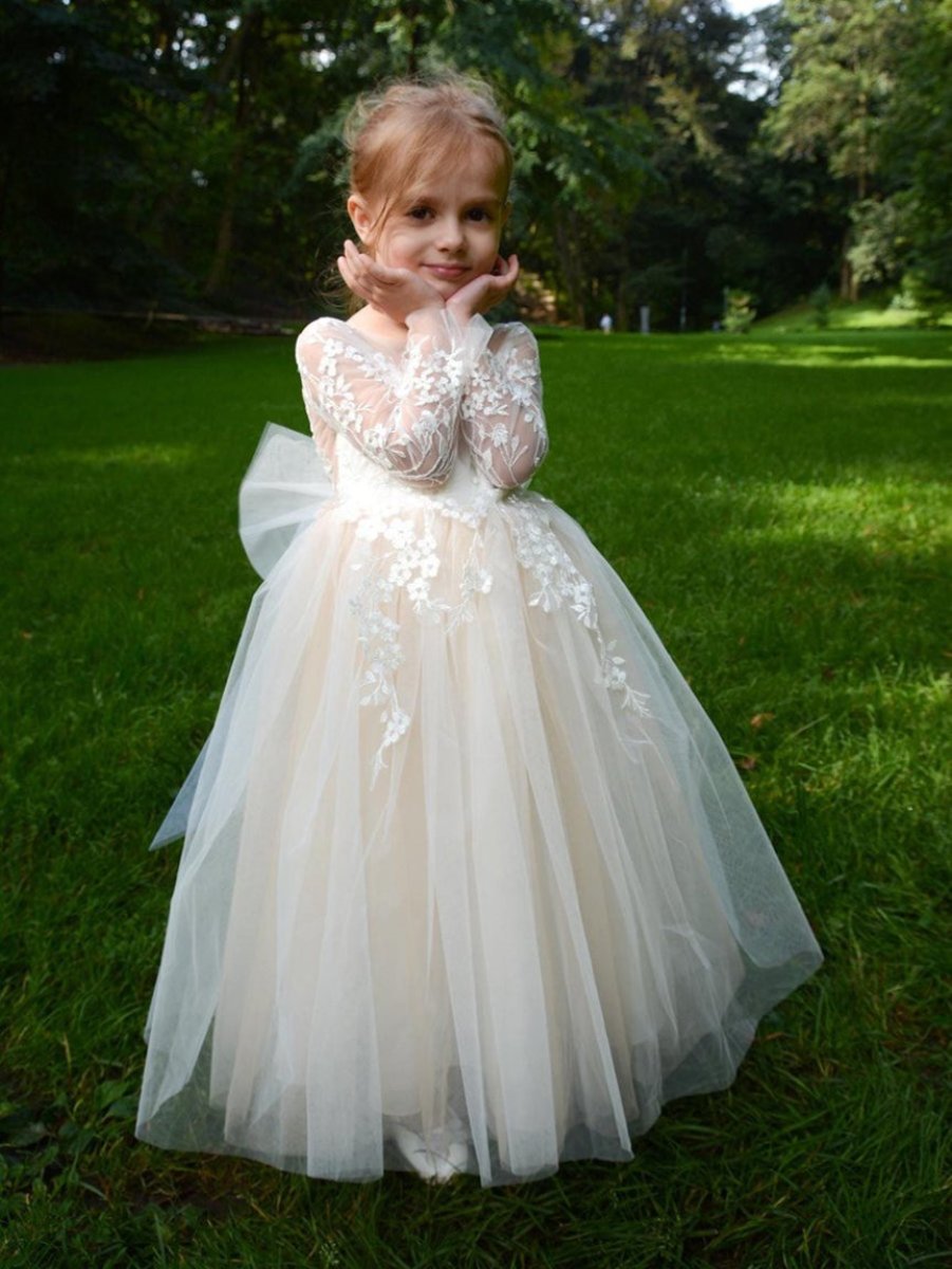 Robe de Bal à Col Rond et Manches Longues pour Demoiselle D'Honneur avec Appliques