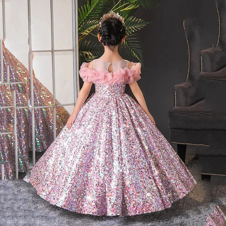 Robe de Bal à Manches Longues et Col Rond pour Fille avec Volants