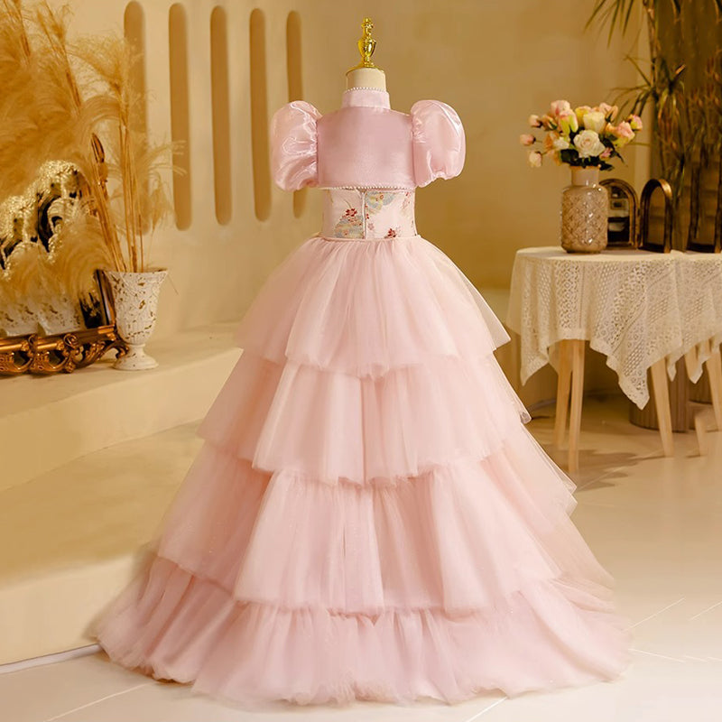 Robe de Demoiselle D'Honneur Traditionnelle à Col Haut et Broderies Hautes-Bas avec Perles