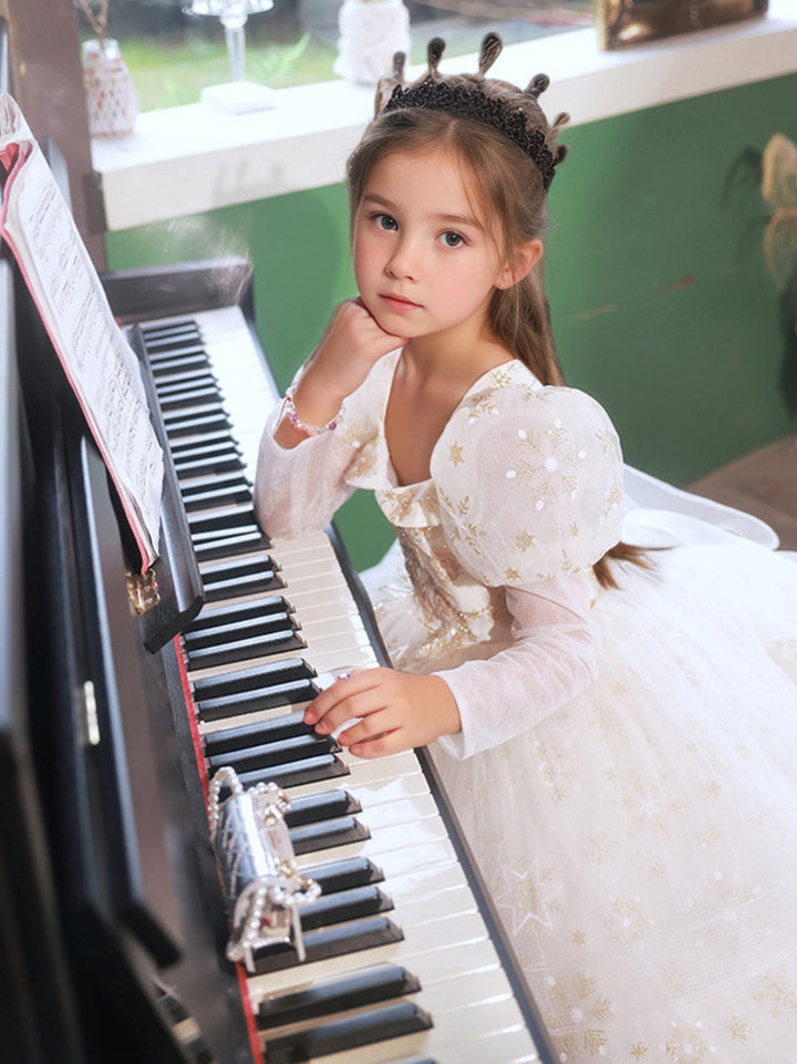 Robe de Bal à Manches Longues et Col Carré pour Fille à Fleurs avec Appliqués