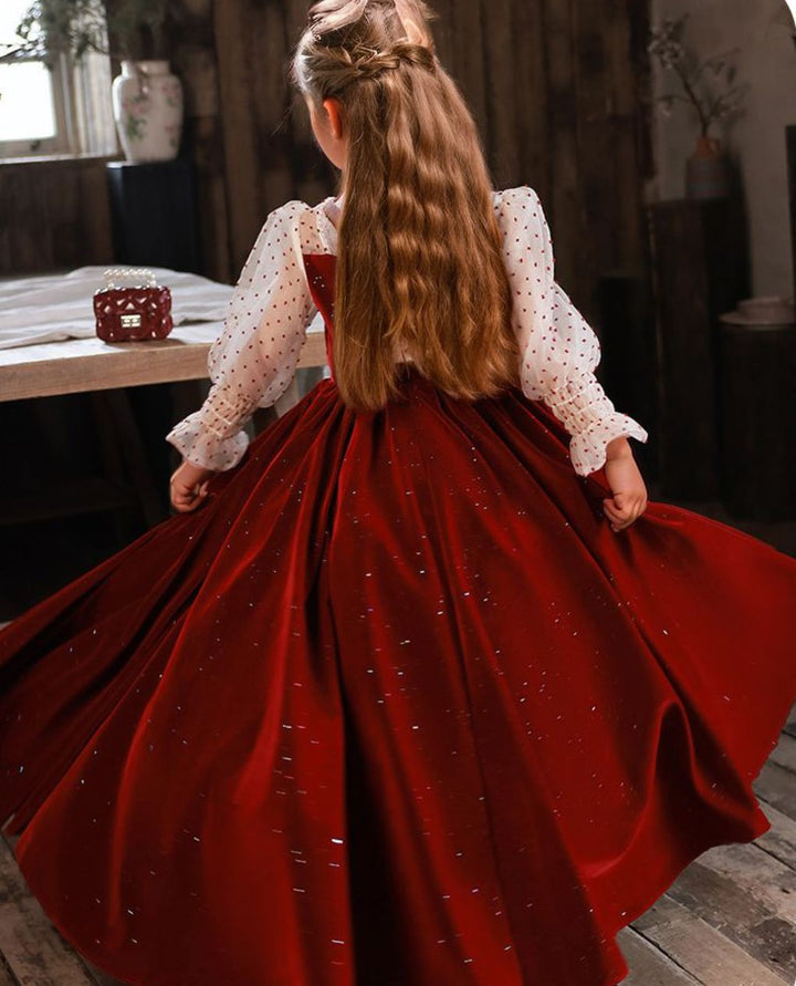 Robe de Demoiselle D'Honneur Princesse à Col Carré et Manches Longues avec Perles