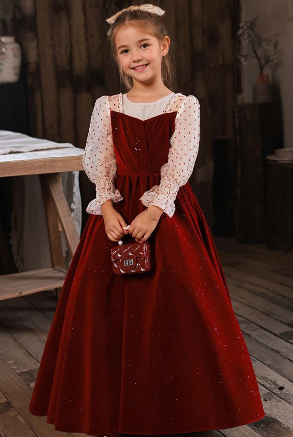 Robe de Demoiselle D'Honneur Princesse à Col Carré et Manches Longues avec Perles