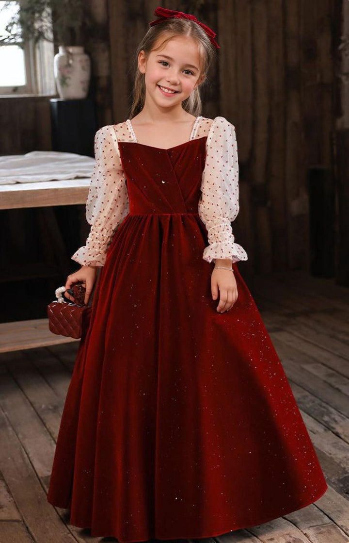 Robe de Demoiselle D'Honneur Princesse à Col Carré et Manches Longues avec Perles