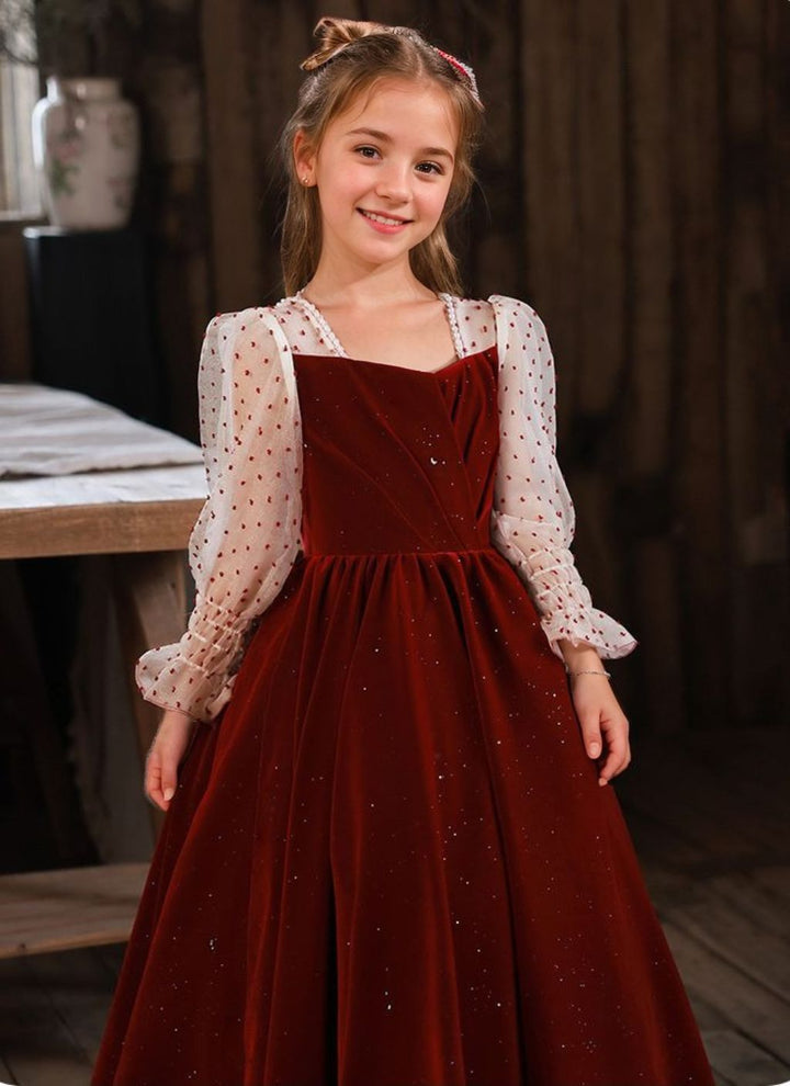 Robe de Demoiselle D'Honneur Princesse à Col Carré et Manches Longues avec Perles
