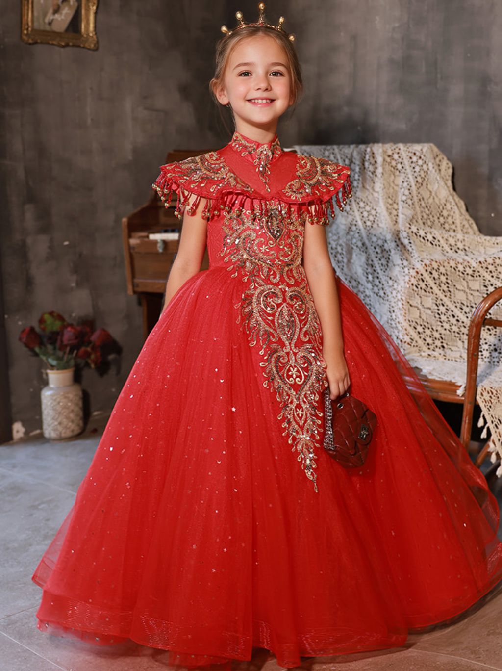 Robes de Soirée Traditionnelles pour Filles à Fleurs, Longueur Au Sol, Col Haut, avec Appliques en Strass