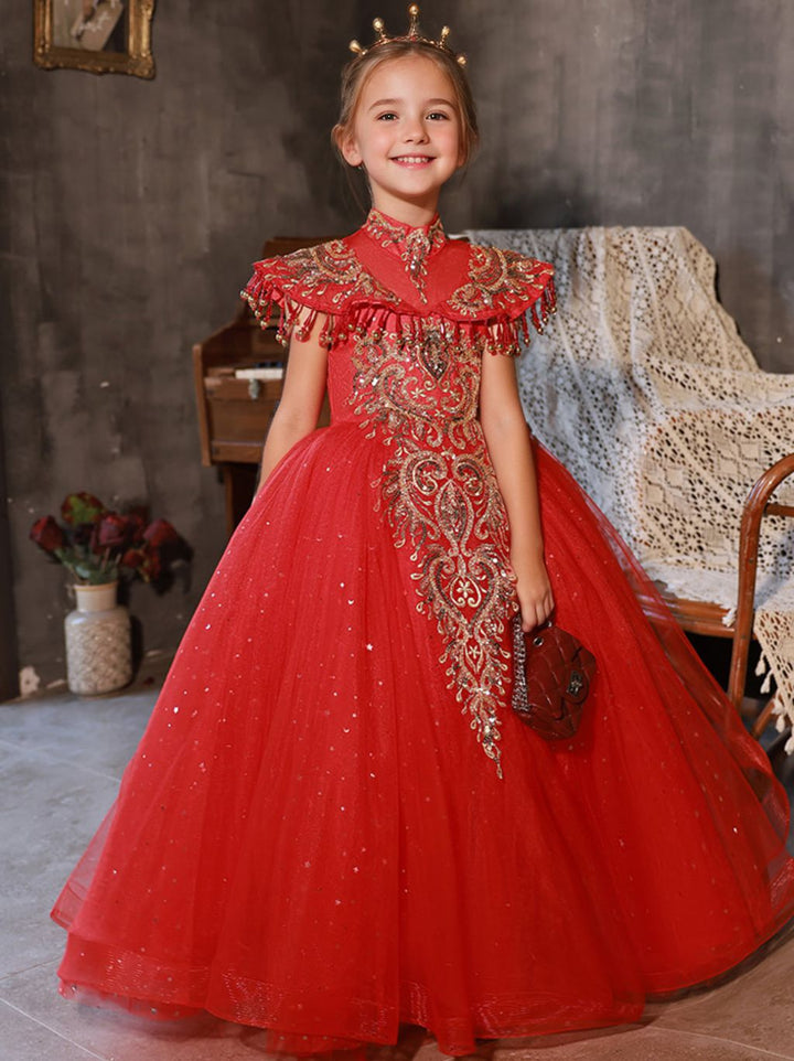 Robes de Soirée Traditionnelles pour Filles à Fleurs, Longueur Au Sol, Col Haut, avec Appliques en Strass