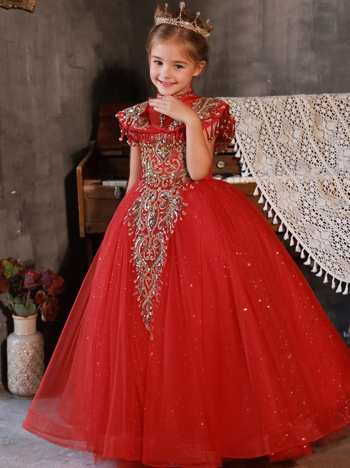 Robes de Soirée Traditionnelles pour Filles à Fleurs, Longueur Au Sol, Col Haut, avec Appliques en Strass