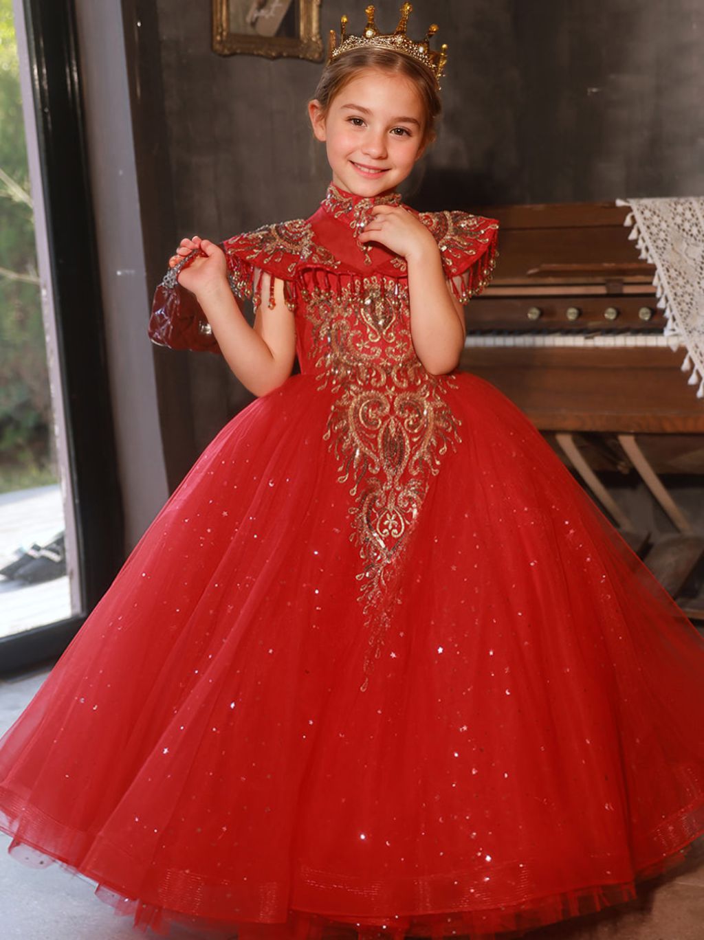 Robes de Soirée Traditionnelles pour Filles à Fleurs, Longueur Au Sol, Col Haut, avec Appliques en Strass