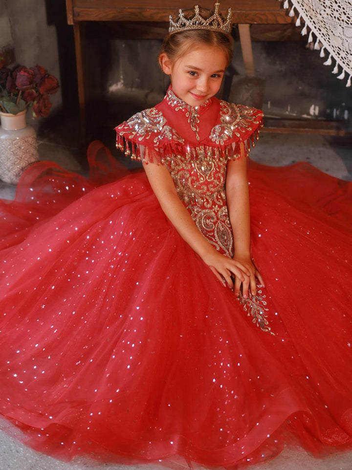 Robes de Soirée Traditionnelles pour Filles à Fleurs, Longueur Au Sol, Col Haut, avec Appliques en Strass