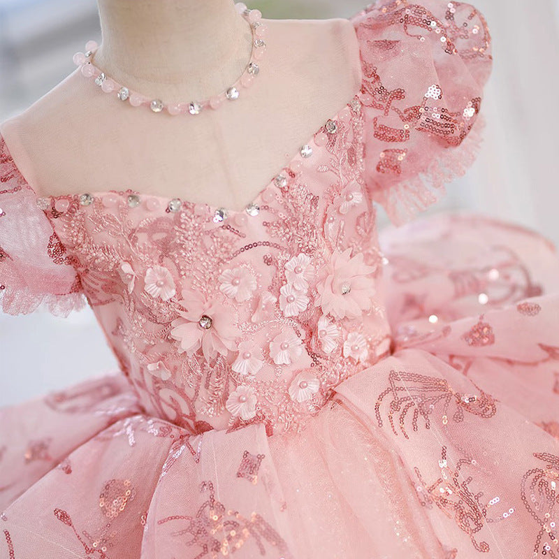 Robe de Soirée à Col Rond et Manches Courtes pour Fille avec Strass et Fleurs