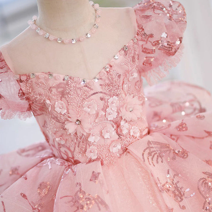Robe de Soirée à Col Rond et Manches Courtes pour Fille avec Strass et Fleurs