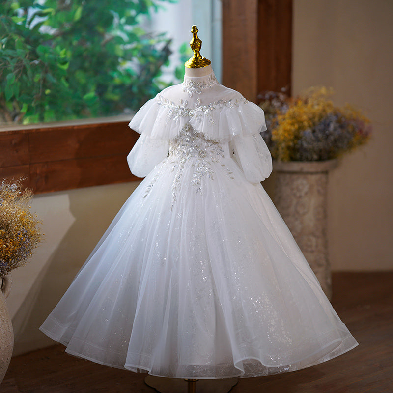 Robe de Demoiselle D'Honneur à Manches Mi-Longues, Col Haut, Coupe A-Line/Princesse, avec Appliques en Strass