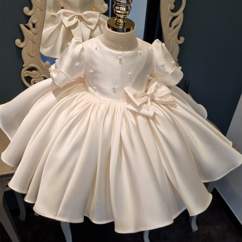 Robe de Demoiselle D'Honneur pour Bébé Fille, Col Rond, Manches Courtes, Longueur Genou, avec Nœud en Perles