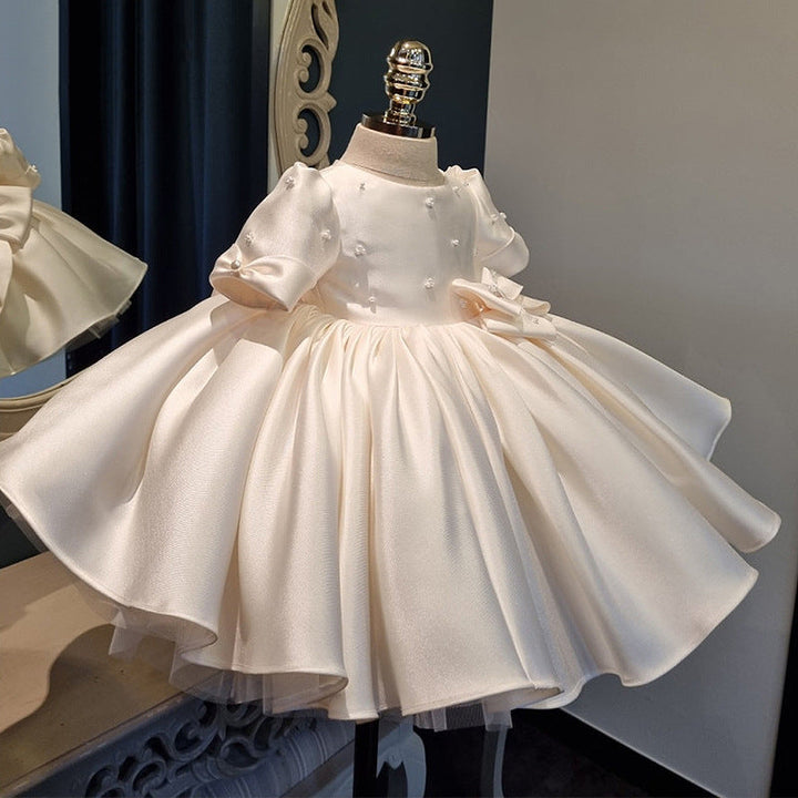 Robe de Demoiselle D'Honneur pour Bébé Fille, Col Rond, Manches Courtes, Longueur Genou, avec Nœud en Perles