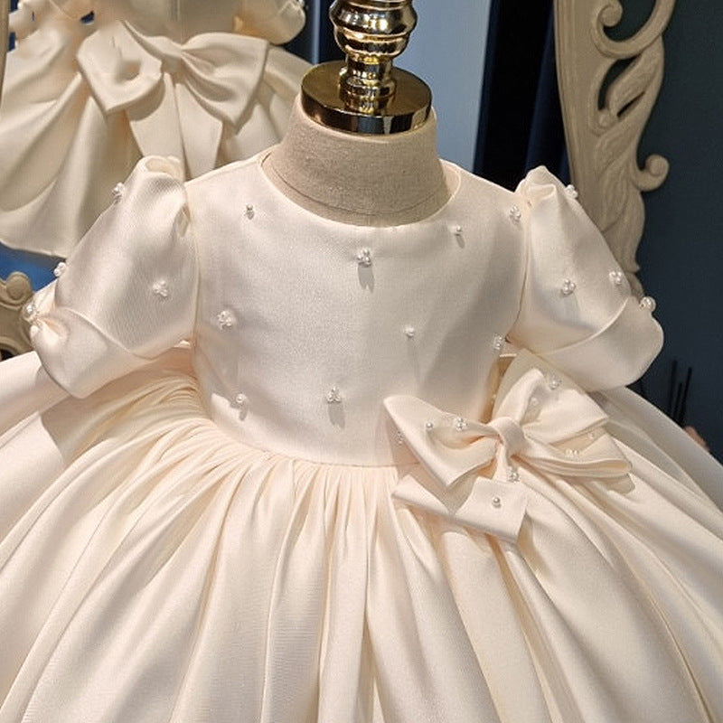 Robe de Demoiselle D'Honneur pour Bébé Fille, Col Rond, Manches Courtes, Longueur Genou, avec Nœud en Perles