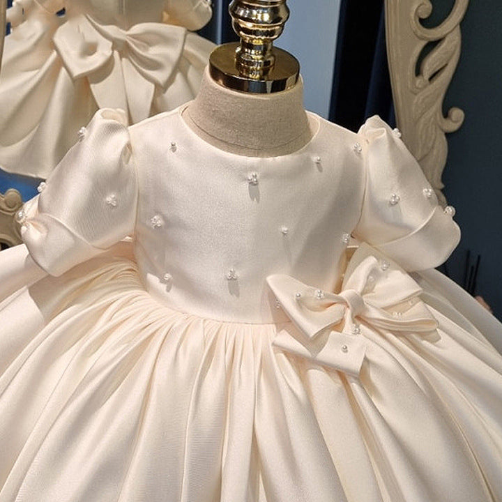 Robe de Demoiselle D'Honneur pour Bébé Fille, Col Rond, Manches Courtes, Longueur Genou, avec Nœud en Perles