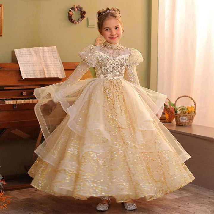 Robe de Soirée à Manches Longues pour Fille, Coupe Trapèze/Princesse, Longueur Au Sol, avec Appliques en Strass