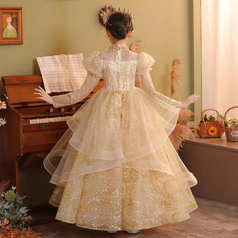 Robe de Soirée à Manches Longues pour Fille, Coupe Trapèze/Princesse, Longueur Au Sol, avec Appliques en Strass