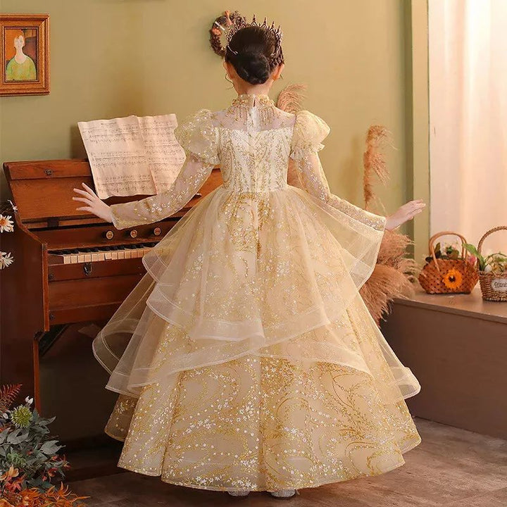 Robe de Soirée à Manches Longues pour Fille, Coupe Trapèze/Princesse, Longueur Au Sol, avec Appliques en Strass