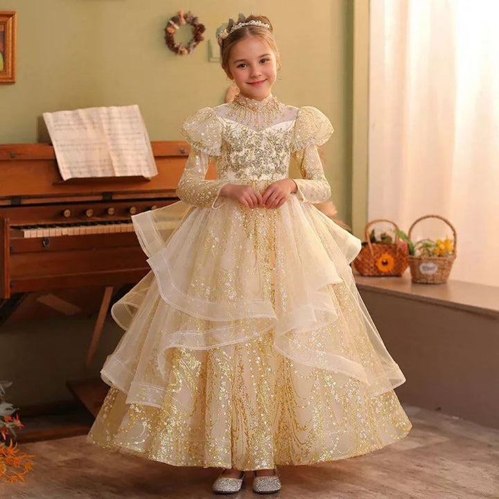 Robe de Soirée à Manches Longues pour Fille, Coupe Trapèze/Princesse, Longueur Au Sol, avec Appliques en Strass