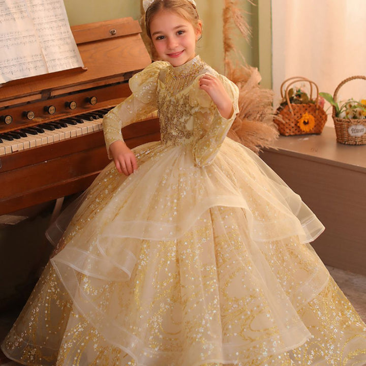 Robe de Soirée à Manches Longues pour Fille, Coupe Trapèze/Princesse, Longueur Au Sol, avec Appliques en Strass
