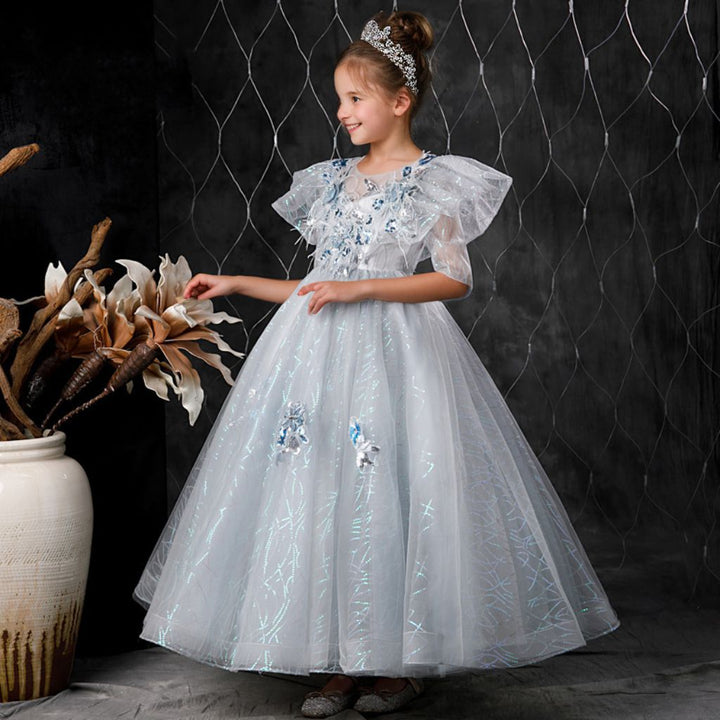 Robe de Bal à Manches Courtes avec Appliques de Fleurs en Strass et Plumes pour Fille