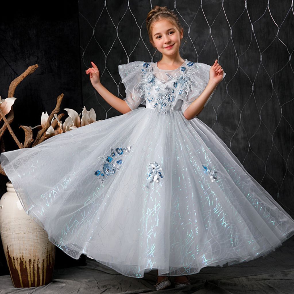 Robe de Bal à Manches Courtes avec Appliques de Fleurs en Strass et Plumes pour Fille