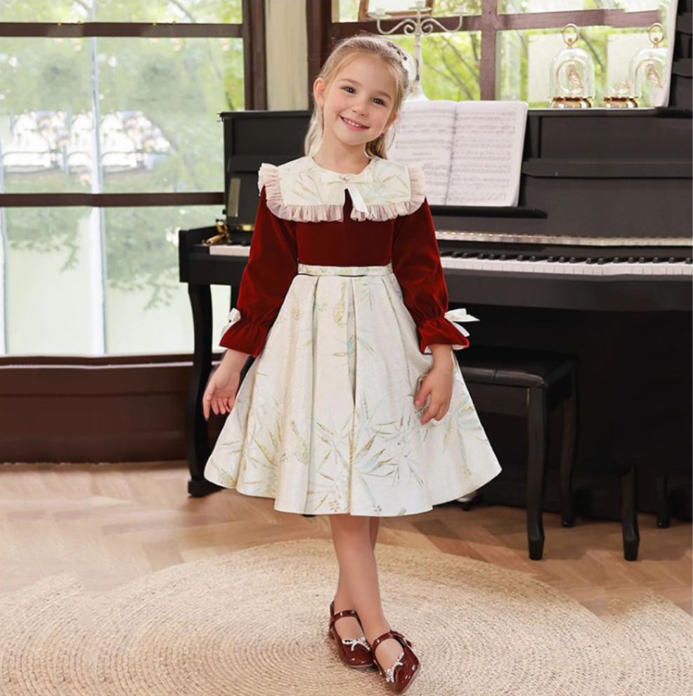 Robe de Soirée Trapèze à Manches Longues et Col Rond pour Fille avec Nœud Papillon