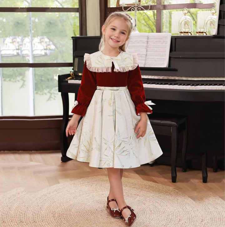 Robe de Soirée Trapèze à Manches Longues et Col Rond pour Fille avec Nœud Papillon