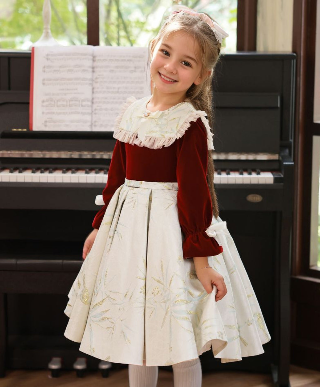 Robe de Soirée Trapèze à Manches Longues et Col Rond pour Fille avec Nœud Papillon