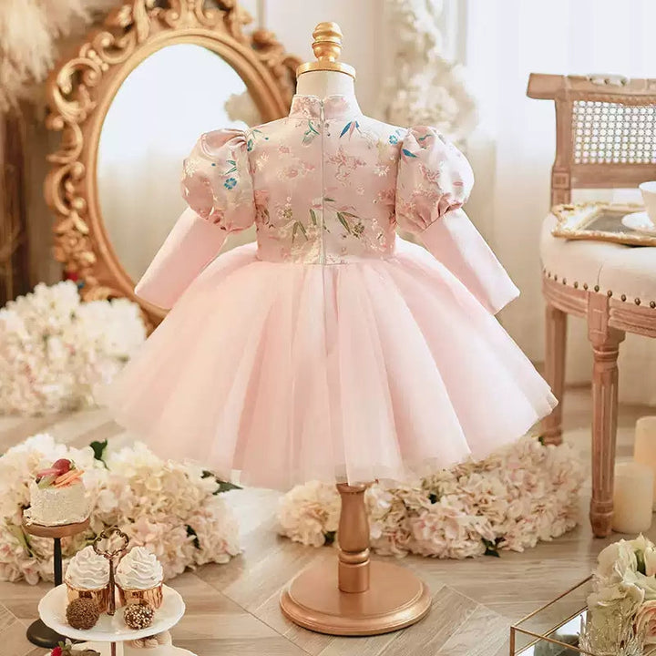 Robe de Soirée pour Bébé Fille avec Broderie, Col Haut, Longueur Genou, Manches Longues