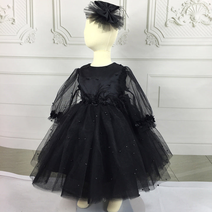 Robe de Bal à Manches Longues, Longueur Genou, avec Perles, pour Bébé Fille, avec Plumes et Nœud