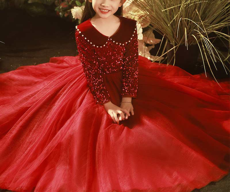 Robe de Soirée Princesse à Manches Longues et Revers Perlés pour Fille avec Cristaux