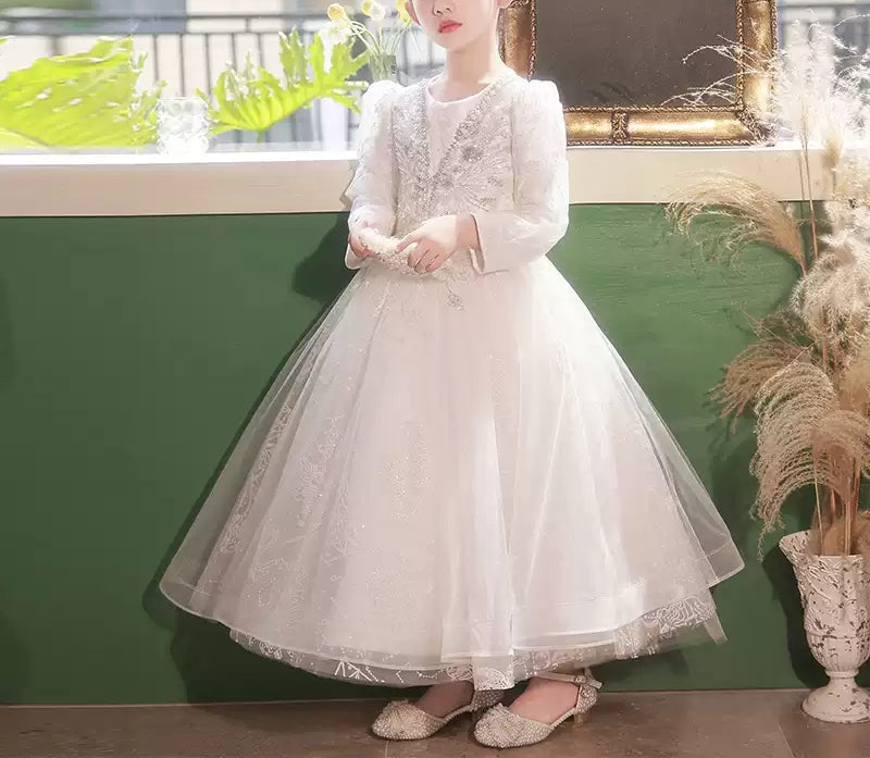 Robe de Bal à Col Rond et Manches Longues en Dentelle pour Fille de Fleur avec Appliques en Cristal