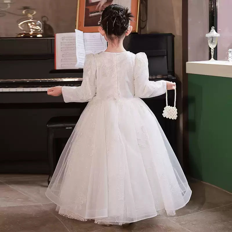 Robe de Bal à Col Rond et Manches Longues en Dentelle pour Fille de Fleur avec Appliques en Cristal