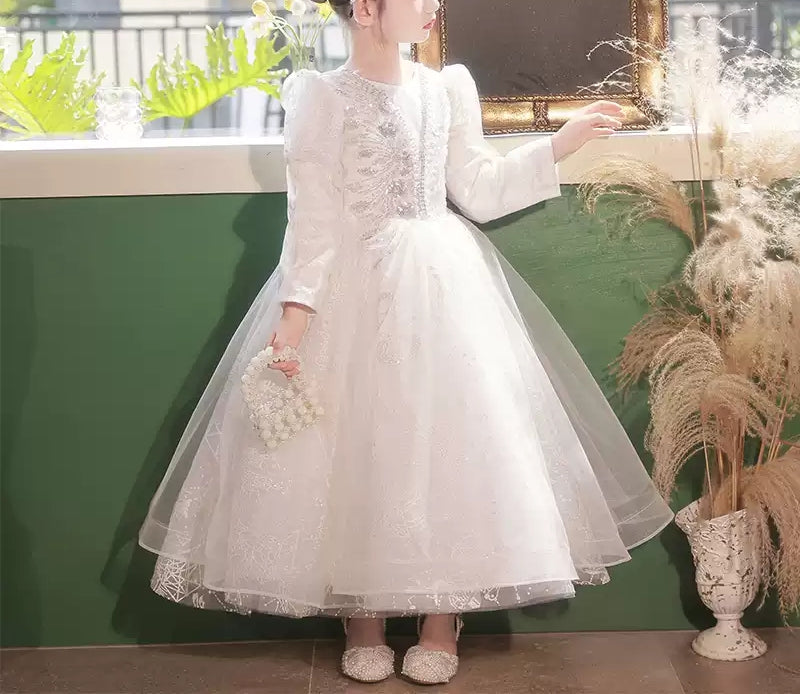 Robe de Bal à Col Rond et Manches Longues en Dentelle pour Fille de Fleur avec Appliques en Cristal