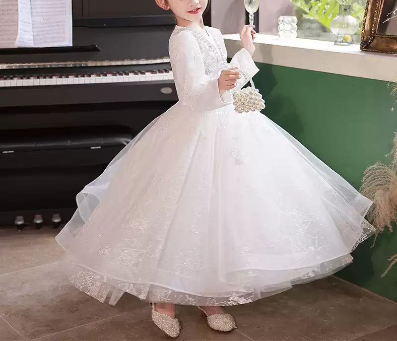 Robe de Bal à Col Rond et Manches Longues en Dentelle pour Fille de Fleur avec Appliques en Cristal