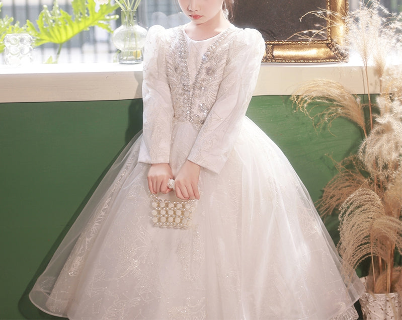 Robe de Bal à Col Rond et Manches Longues en Dentelle pour Fille de Fleur avec Appliques en Cristal