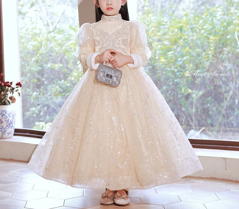 Robe de Soirée D'Hiver en Dentelle à Col Haut et Manches Longues pour Fille avec Appliques en Strass