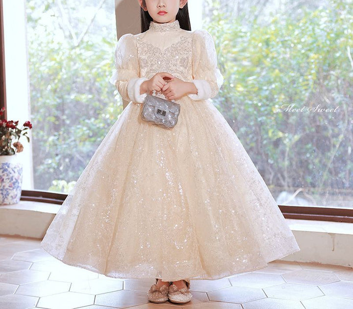 Robe de Soirée D'Hiver en Dentelle à Col Haut et Manches Longues pour Fille avec Appliques en Strass