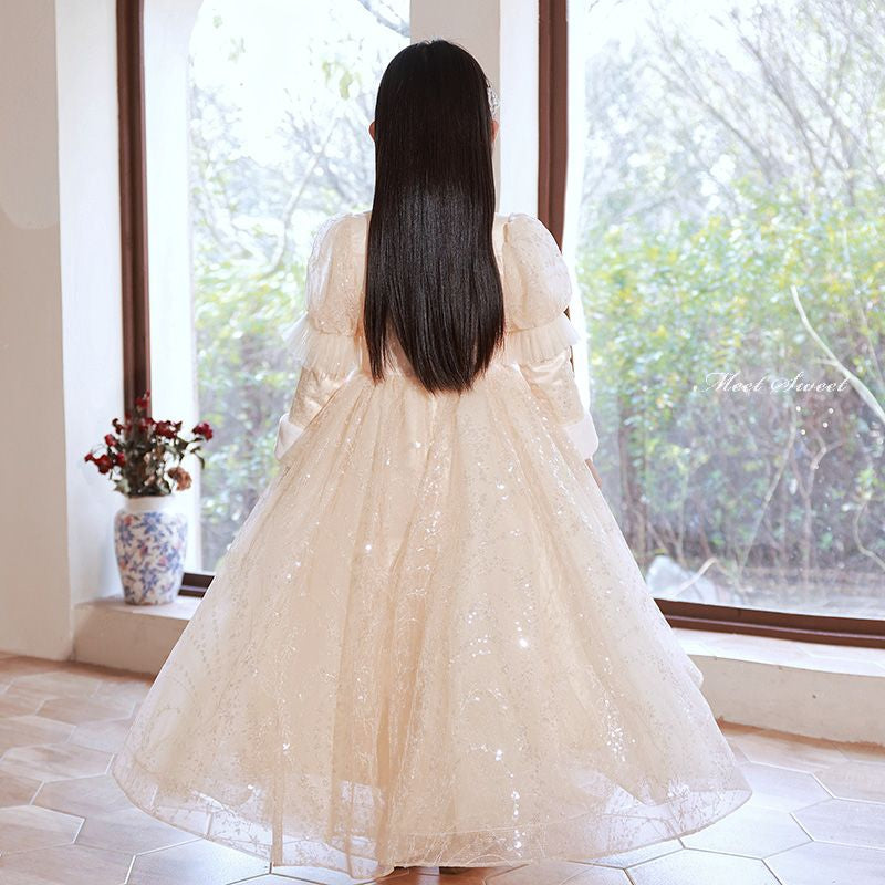 Robe de Soirée D'Hiver en Dentelle à Col Haut et Manches Longues pour Fille avec Appliques en Strass
