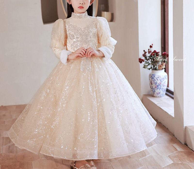 Robe de Soirée D'Hiver en Dentelle à Col Haut et Manches Longues pour Fille avec Appliques en Strass