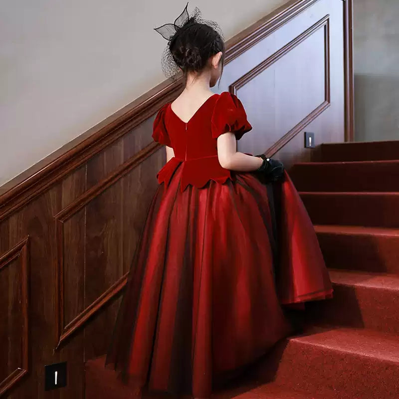 Robe de Soirée Trapèze/Princesse à Col en V et Manches Courtes pour Fille avec Cristaux