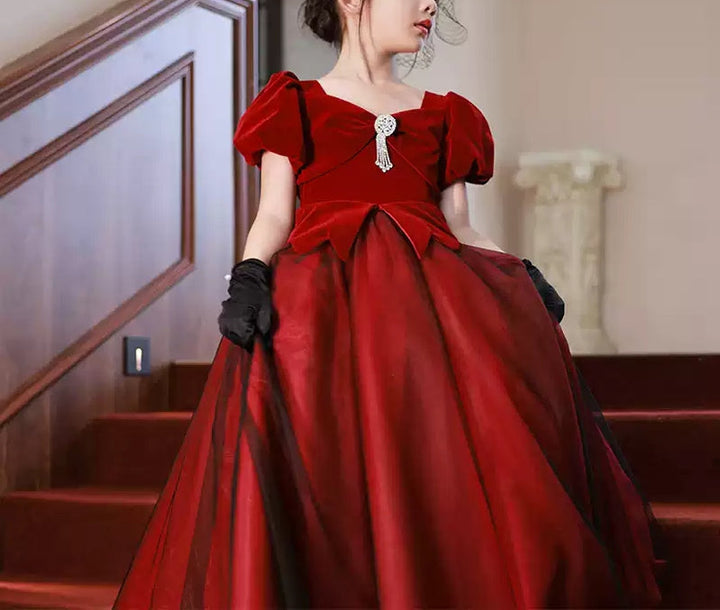 Robe de Soirée Trapèze/Princesse à Col en V et Manches Courtes pour Fille avec Cristaux