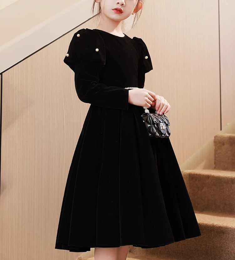 Robe de Soirée Noire à Manches Longues et Col Rond pour Fille avec Ceinture à Perles