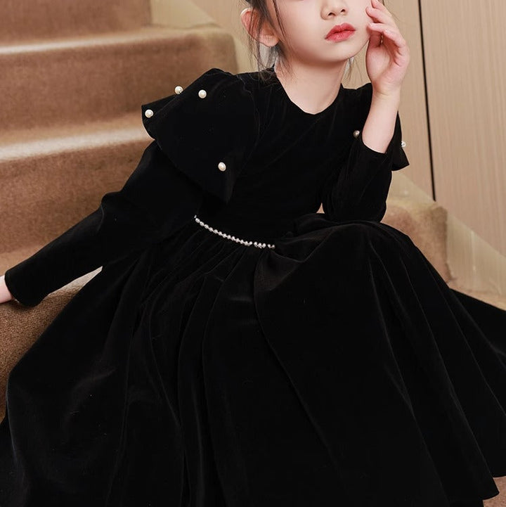 Robe de Soirée Noire à Manches Longues et Col Rond pour Fille avec Ceinture à Perles