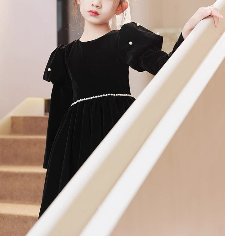 Robe de Soirée Noire à Manches Longues et Col Rond pour Fille avec Ceinture à Perles