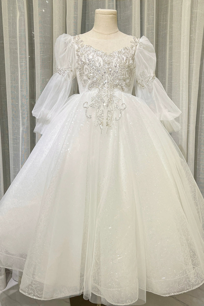 Robe de Bal à Col Rond et Manches Longues en Dentelle pour Fille de Fleur avec Appliques en Cristal