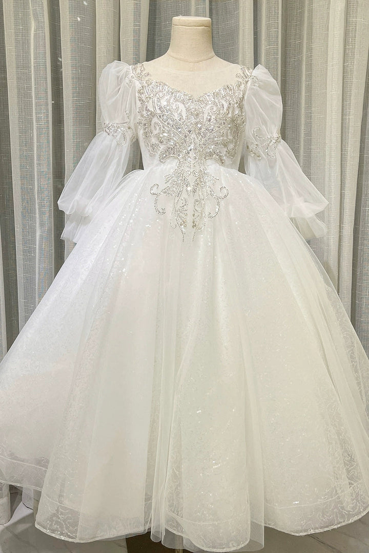 Robe de Bal à Col Rond et Manches Longues en Dentelle pour Fille de Fleur avec Appliques en Cristal