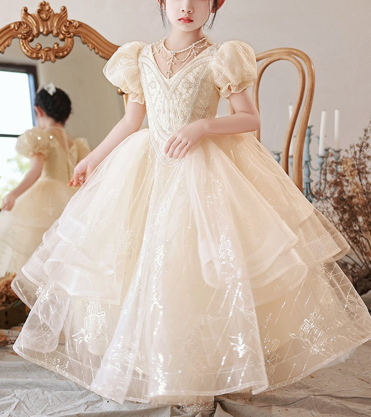 Robe de Bal en Dentelle à Col Rond et Manches Courtes avec Perles et Strass pour Fille